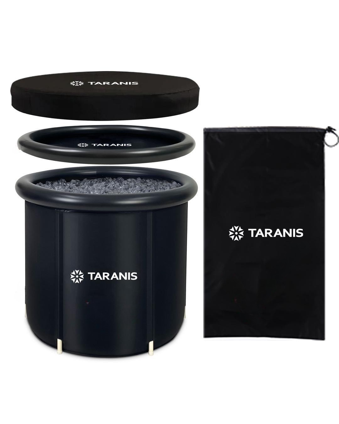 Black Taranis container with lid and black pouch on a white background